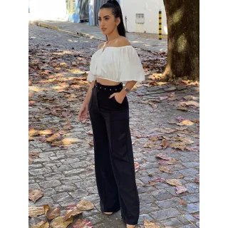 Promoção Calça Feminina Wide Leg Pantalona de Linho Social + Cinto - Bege