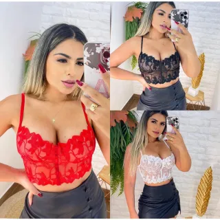 Festa Renda Bojo Alça Cropped Feminino - Preto