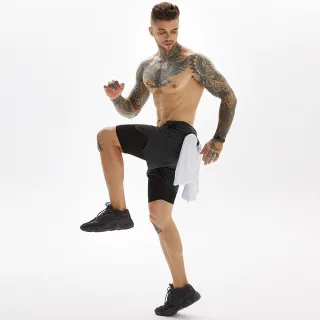 Calças Curtas Esportivas Ginásio Fitness Homens 2 Em 1 Seluar Pendek Sukan Lelaki - Caqui