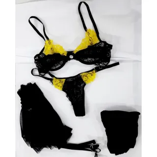 Renda Neon Conjunto Lingerie, Meia 7/8 e Saia Sexy de Liga Removíveis - PRETO C/ VERDE PAVÃO