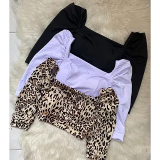 Blusa feminina manga curta bufante poliéster - Cropped blogueira - M