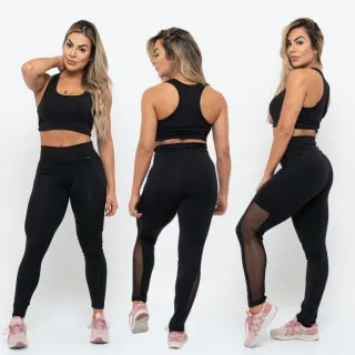 Moda Fitness Conjunto Feminino Barato: Cropped Top e Legging com Tule