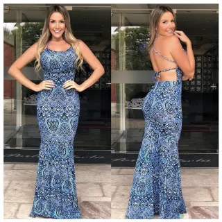Costas Cruzadas Drapeado Sereia Vestido Longo Bumbum - estampa 6