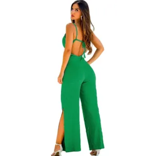 Macacão Pantalona Feminino Longo Canelado - Costas Nua - Verde Bandeira