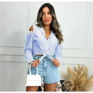 Camisa Feminina Social Listrada Manga Longa com Botão - Azul
