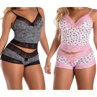 Pijama Sensual Feminino Kit 2 Short Doll em Renda Microfibra
