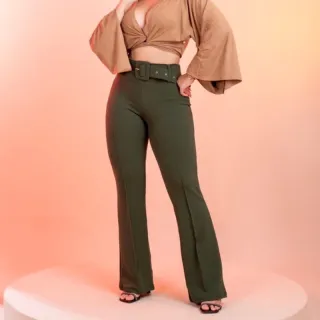 Cinto alta cintura malha flare feminino crepe | Calça boca de sino - Preto