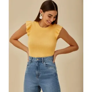 Moda Feminina: Blusinha Canelada com Babadinho nos Ombros - Azul