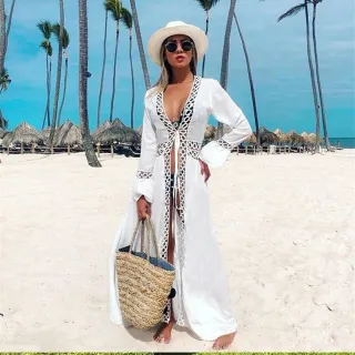 Quimono longo simples para piscina e banho - Saída de praia feminina - 3renda preto