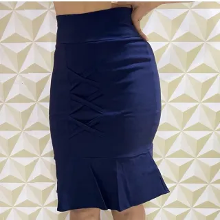 Saia Evangélica Sino Midi Feminina Babado Social Bengaline - Preto
