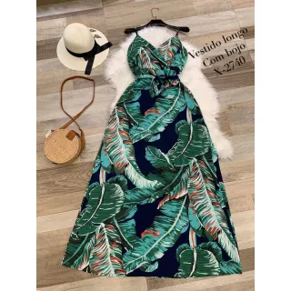 Verão 2021, vestido longo estampado alcinha - Azul com amarelo