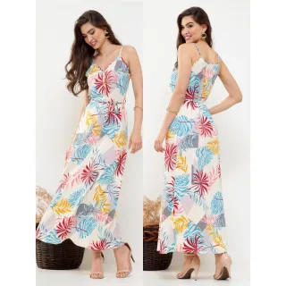Moda verão: Vestido longo estampado com alça ajuste e cinto - Rosa
