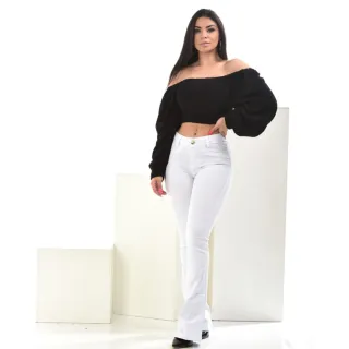 Cintura alta, calça jeans flare preta em várias cores - Branca