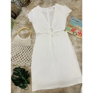 Vestido de Verão Curto 2021: Tecido Liso, Detalhe Frontal - Amarelo