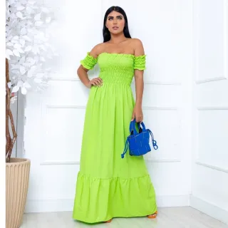 Vestido Longo de Poliéster Ombro a Ombro - Goiaba
