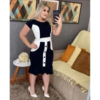 Moda Gospel Evangélica Vestido Babado Mais Vendido - PRETO COM BRANCO