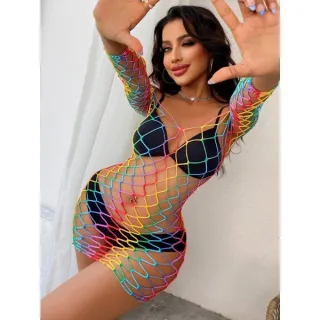 Saída de Praia Sexy Listrado Arco Íris Multicolorido Vestido Curto