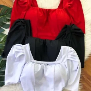 Feminino manga curta bufante blusa cropped reto - P