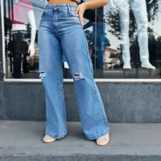 Pantalona Feminina Wide Leg Jeans Cintura Alta - CLARA MARMO