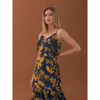 Vestido estampado flores longo com babados em crepe setinado - Folha Laranja e fundo azul