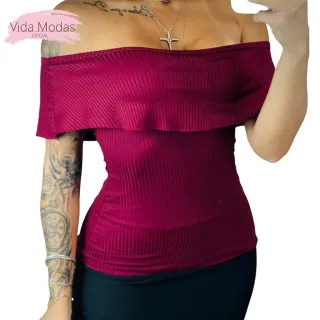 Blusa Canelada Feminina Premium Ombro a Ombro Ciganinha - Bordô