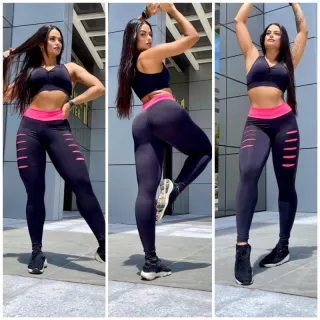 Top Detonado Calça Leg - Conjunto Ginástica Academia - PRETO/LARANJA