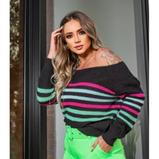 Moda Blogueira: Blusa Feminina Tricot Ciganinha 4 Cores - Chumbo c/ Listras Variadas