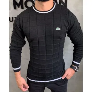 Suéter manga longa masculina com detalhes na gola e mangas - Azul marinho/c cinza