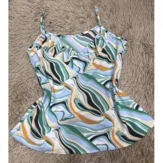 Lançamento regata estampada primavera verão decote v - Geométrica / azul e verde