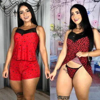 Camisola Feminina Sensual Kit 2 com Calcinha Fio/Short Doll - Raryel - 03