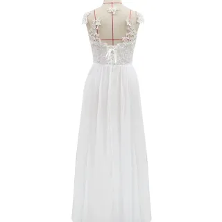 Maxi Vestido Branco Feminino de Renda Chiffon com Decote em V - Promoção - Branco