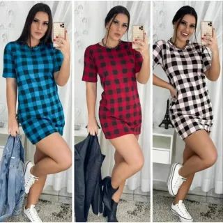 Vestido Feminino Xadrez Fashion Viscolycra - Raryel - VERMELHO/PRETO