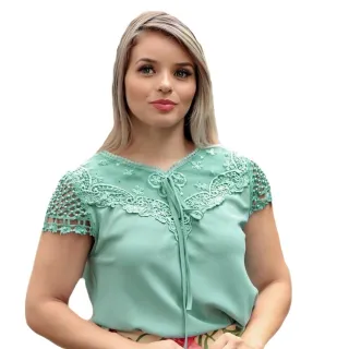 Blusas Femininas Manga Curta Social em Crepe - Linda Evangelica - Vermelho