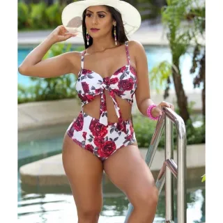 Feminino Biquíni Estampado Cintura Alta Laço Hot Pants CD033 - ONCINHA