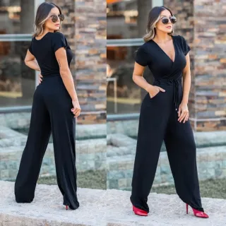 Casual Discreto Decote Transpassado Manga Curta Longo Social Feminino Macacão - G