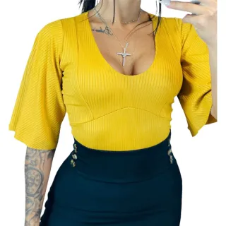 Moda Evangelica Blusa Feminina Premium Canelado Manga Flare - Listrado