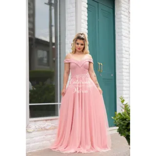 Vestido luxuoso estilo princesa ombro a ombro marsala, vermelho, verde e tifany - Serenity
