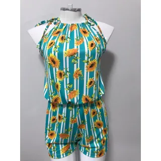 Macacão Estampado Verão Alça Amarrar Básico Solto - Floral 1