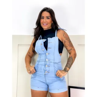 Jardineira Curta Salopete Jeans Claro e Escuro com Botões Strees 2023 - Jardineira Jeans Clara