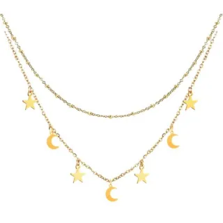 Short Necklace Women Double Moon Stars Simple - Silver