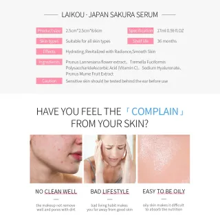 Flor de Cerejeira Sérum Facial LAIKOU, Rejuvenescimento da Pele com Extrato Skincare 15ml - Sakura Serum