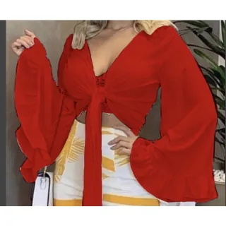 Roupa Feminina Cropped Blusa Manga Flare Babado - Fúcsia