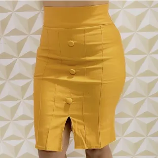 Moda Evangélica: Saia Lápis Midi Cintura Alta Feminina em Bengaline - Verde Militar