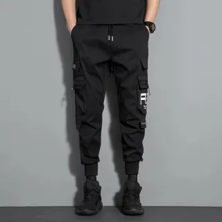 Street Hip-Hop Calça Cargo Masculina com Fitas Impressas Casual - Preto
