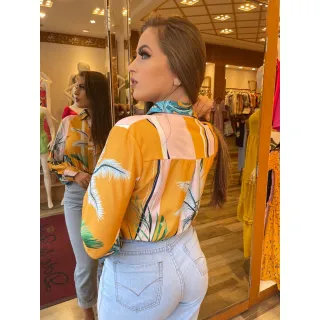 Estampada Chic Social Blusa Manga Longa com Botões - branco/azul/amarelo