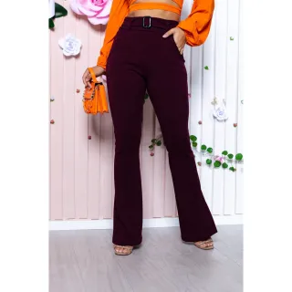 Calça Malha Crepe Flare Cintura Alta - Vinho