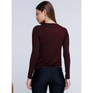 Blusa Lurex Manga Longa com Aplicações em Pedraria na Gola - Vermelho