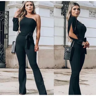 Macacão Social Feminino Manga Longa Vazada Flare Unica - Raryel - Preto