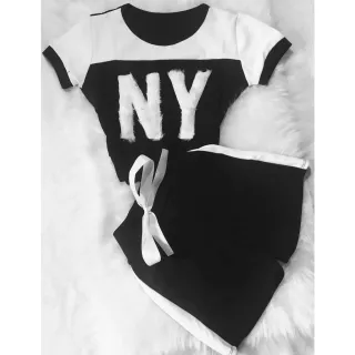 Blusa Feminina com Pelúcia e Short - Conjunto Ny - Azul com branco