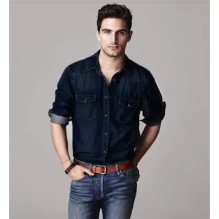 Novidade - Camisa Masculina Jeans Manga Longa Modelagem Americana - P